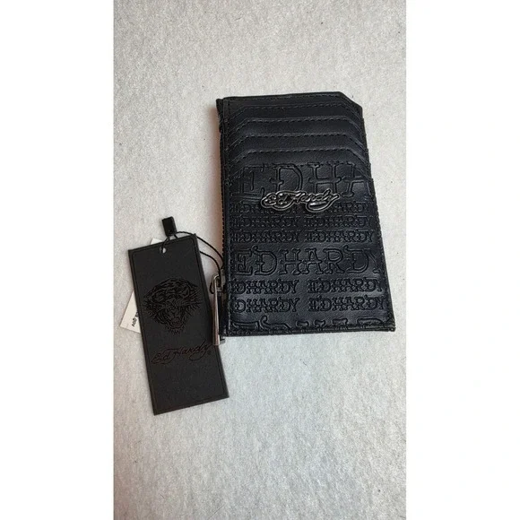 Ed Hardy Black Embossed Logo Card Holder Wallet Zip Pouch Y2K Streetwear New