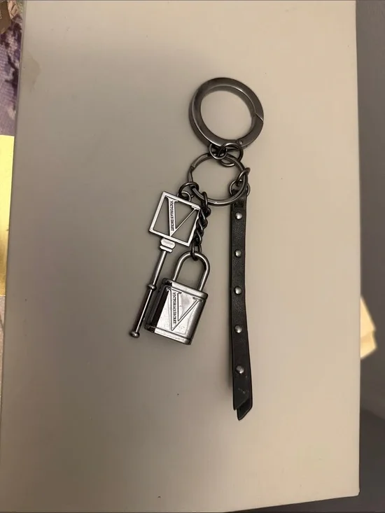 Victoria’s Secret Black Leather & Gunmetal Keychain with Lock and Key Charms