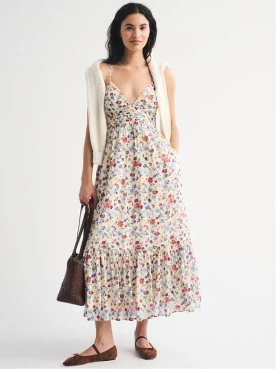 Abercrombie and Fitch Bra-Free Tie-Back Flowy V-Neck Maxi Dress Size Large NWT