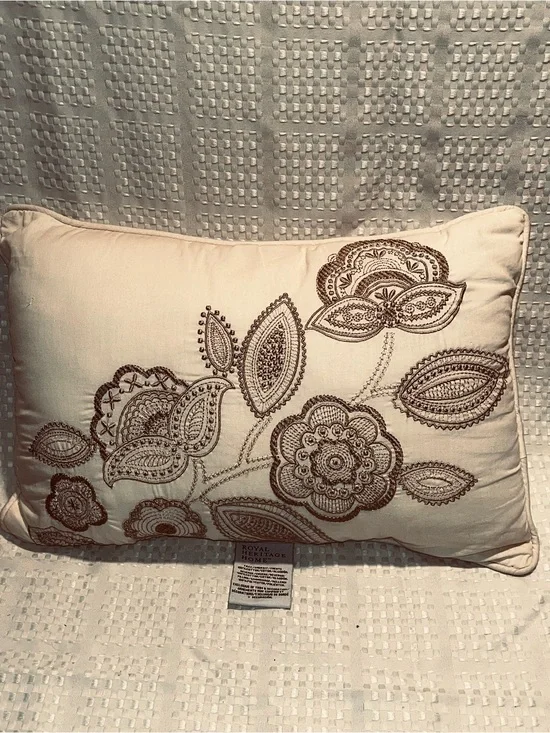 Royal Heritage Home Embroidered Floral Paisley Accent Pillow Cream Brown 16”