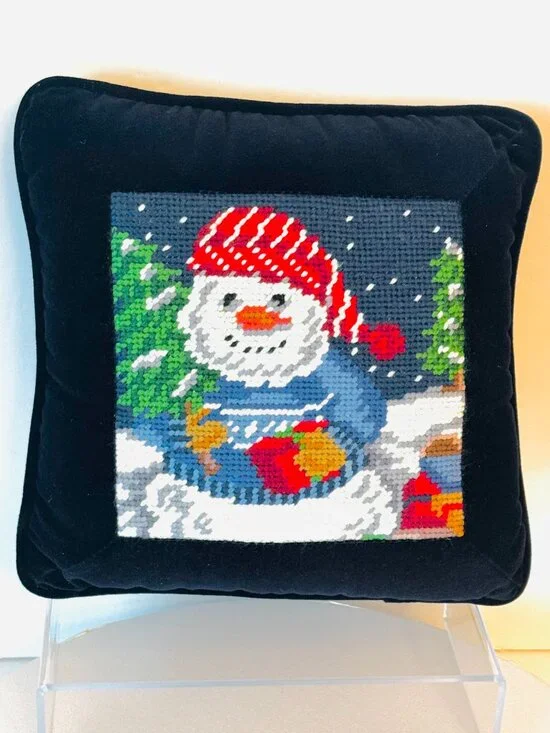 Snowman Needlepoint Square Pillow 9.5