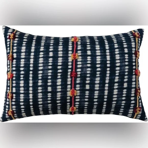 Creative Co-Op Cotton Slub Tie Dye Lumbar Pillow Cover Embroidered Accents, Navy