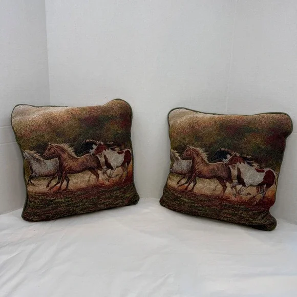 Vintage C.C. Cummings Wild Horse Tapestry Throw Pillows Set of 2 Western Decor