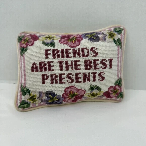 Vintage Needlepoint Pillow Friends Are The Best Presents Floral Pansy Decor 9x7