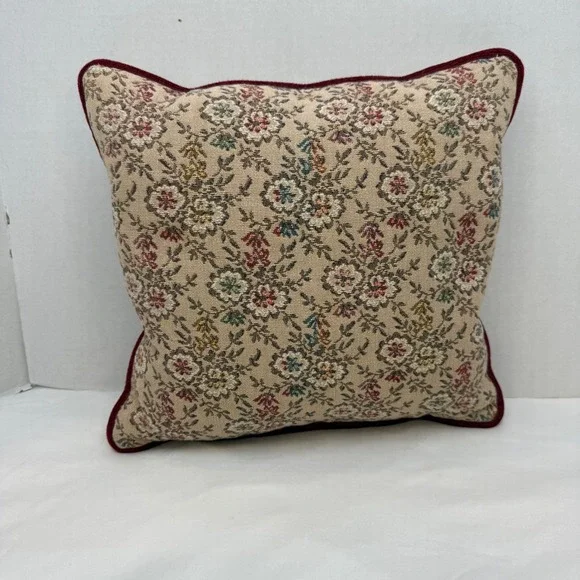 Vintage Floral Tapestry Throw Pillow Burgundy Velvet Piping Square Accent 15x15