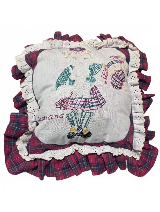 Vintage Embroidered Throw Pillow Scotland Red Plaid Tartan Small 14