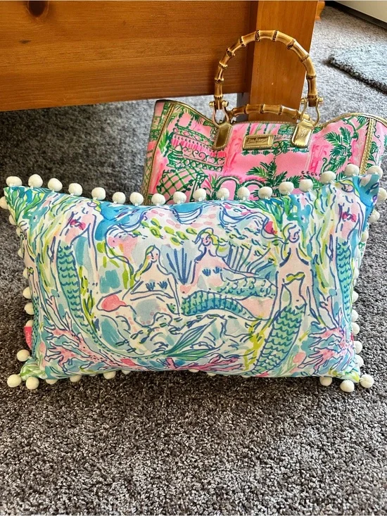 Lilly Pulitzer Pastel Mermaid Pom-Pom Lumbar Pillow - Blue Pink Green