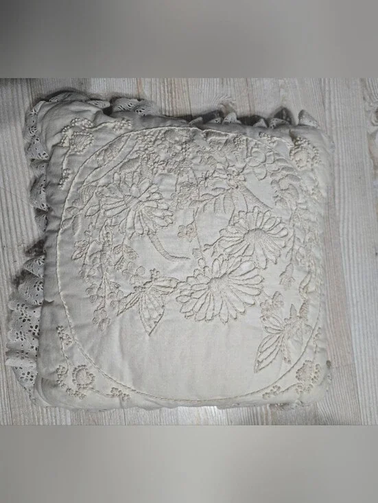 Vintage Cream Floral Embroidered Throw Pillow