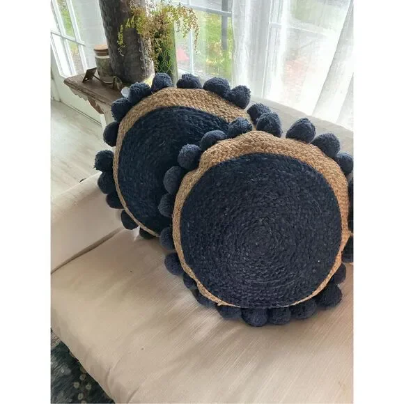 Pair of 24” Round Navy and Natural Jute Pom-Pom Throw Pillows Boho