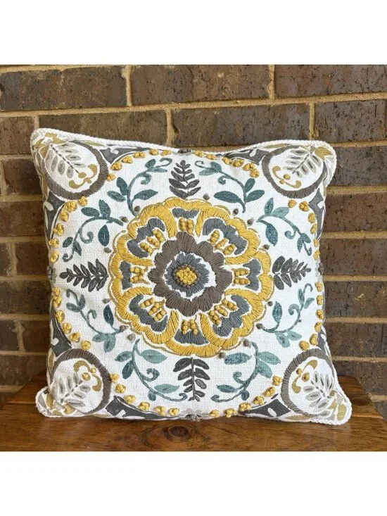 Kirklands Yellow Grey Embroidered Claudia Pillow 19x19 Floral Medallion
