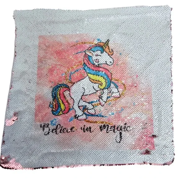 Unicorn‎ Believe in Magic Reversible Sequin Throw Pillow Cover Rose Gold Silver