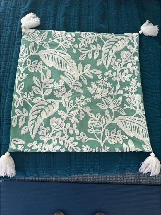Rifle Paper x Loloi Collection Embroidered Green and White Throw Pillow Cover