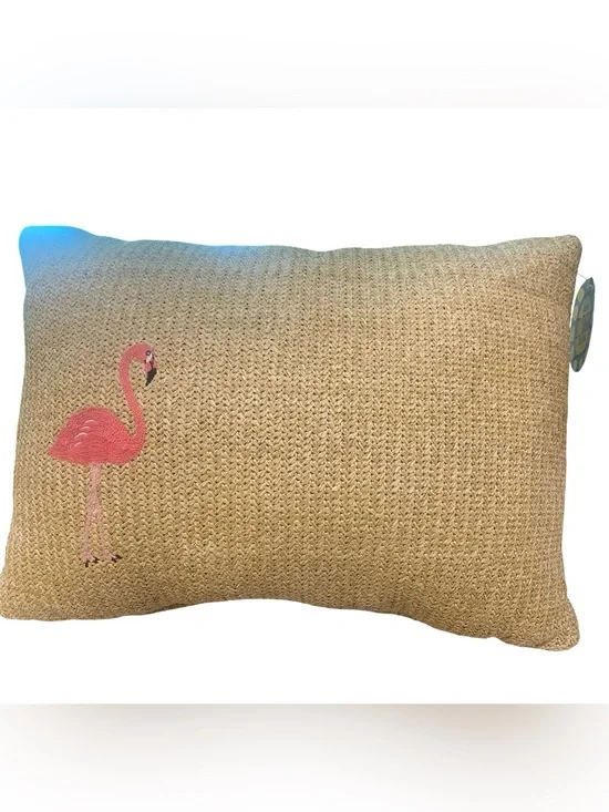 Flamingo In / Outdoor Natural Woven Lumbar Throw Pillow Embroidered 18” x 13”
