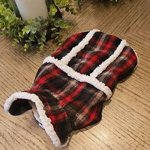 Plaid Dog Jacket with Sherpa Trim Size M