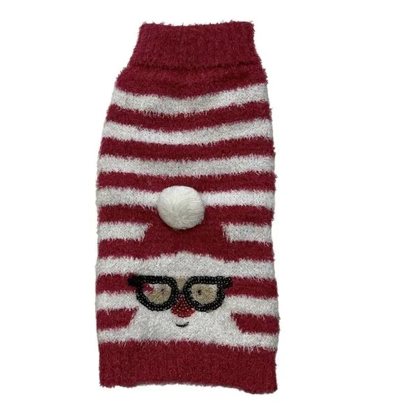 CYEOLLO Dog Christmas Sweater Red White‎ Stripe Small Santa w/Glasses Pets NEW