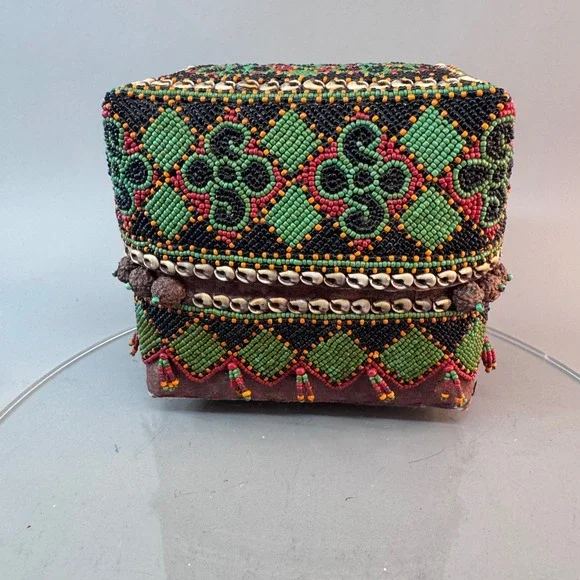 Handmade Balinese Beaded Offering Basket Box Cowrie Shell Tribal Boho Decor