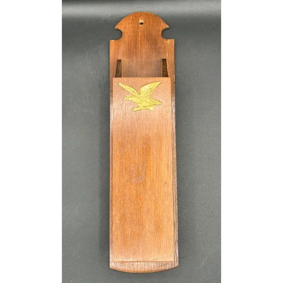 Vtg Wood Wall Hanging Long Match Stick Holder Gold Eagle Americana‎ MCM 14.5