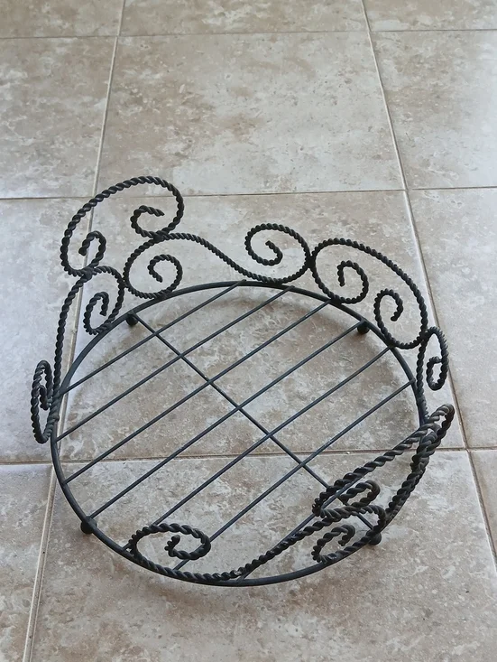 Vintage Black Twisted Metal Scroll Wire Basket, Plant Stand, Plate Rack