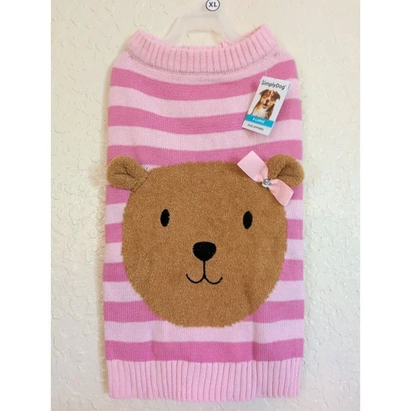 SimplyDog Pink Stripe Teddy Bear W/ Bow Dog Sweater XL Pet Apparel