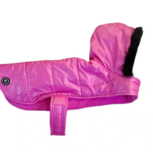 Justice Black FurTrimmed Hooded Pink Puffer Dog Coat Size Medium