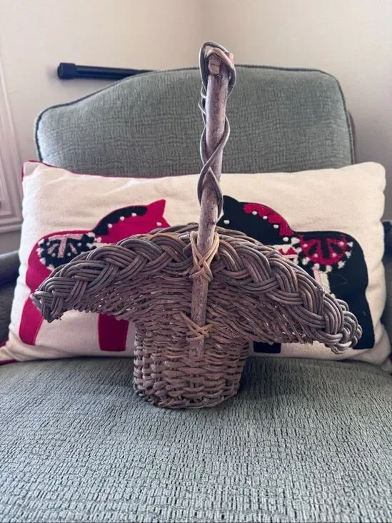 Woven hand basket with handle dark brown small size wooden feel cottage flared 9