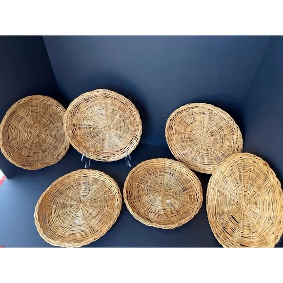 Set of 6 Wicker Rattan Paper Plate Holders Natural Woven Picnic BBQ Cottage