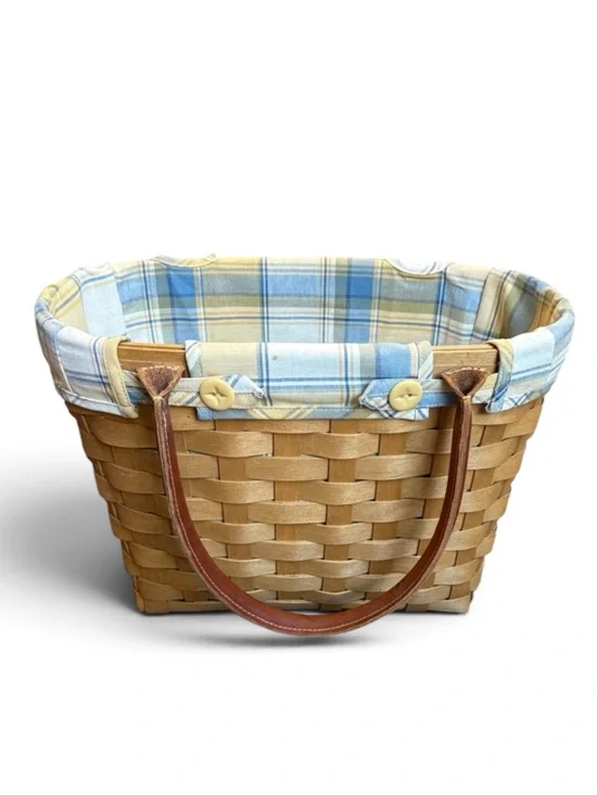 Longaberger Boardwalk Basket Leather Handles Plaid Liner