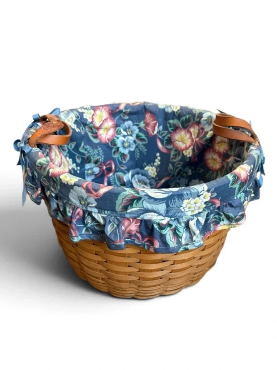 VTG Longaberger Corn Half Bushel Basket 13”W Leather Handles Fabric Liner