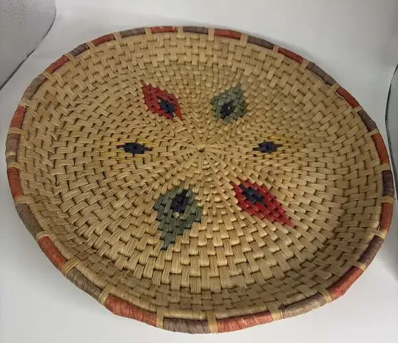 Vintage Round Hand Woven Colorful Basket 13” X 2”