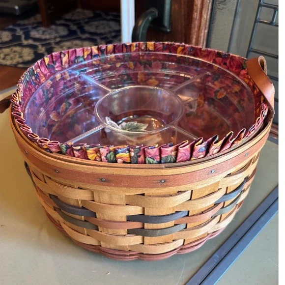 Longaberger 1995 Round Basket Fall Leaf Liner 5-Way Protector Ceramic Tie-On