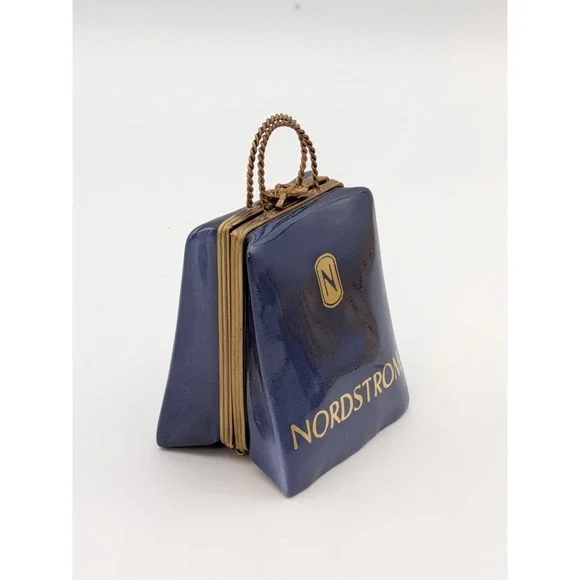 Rare Retired Limoges Blue Nordstrom Shopping Bag Trinket Box Hand-Painted France