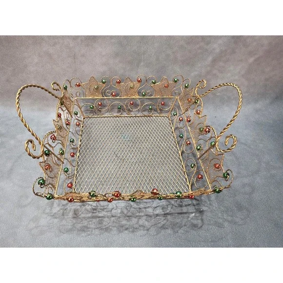 Vintage Gold Wire Mesh Christmas Basket Red Green Beads Holiday Decor