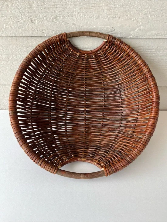 Handwoven Round Rattan Winnowing Basket in Warm Brown 14”