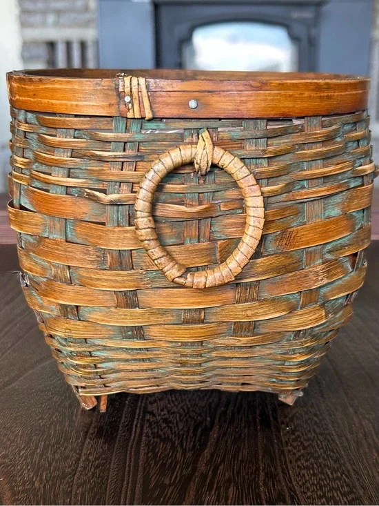 Vintage Handmade Split Wood Basket Planter Turquoise Patina Footed Boho Decor