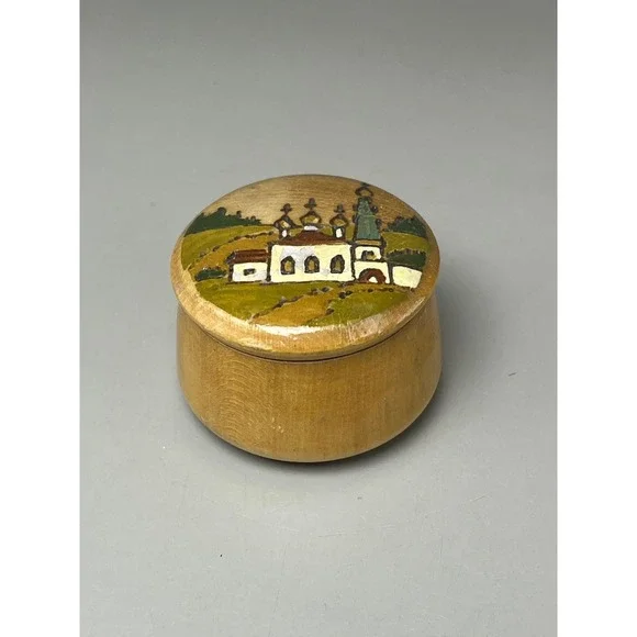 VTG USSR Wood Hand Painted Lidded Trinket Box 1.75