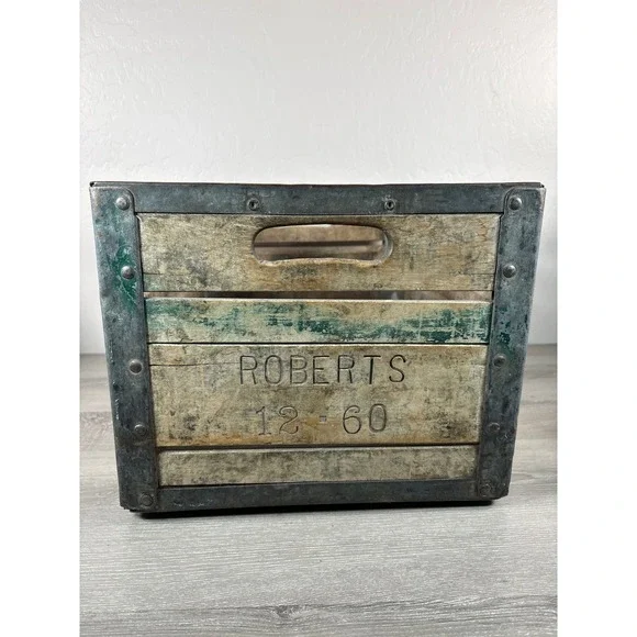 Vintage Roberts Wood Dairy Milk Crate Metal Reinforced Industrial Storage Box