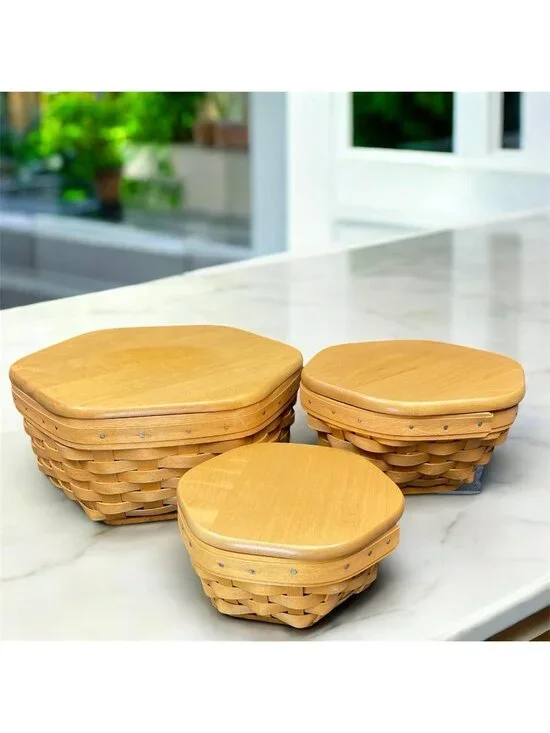 Longaberger Basket Set 3 Nesting Generations Wood Lids Protectors 10 7 5.5 Inch