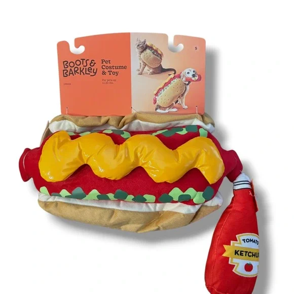 Boots & Barkley Hot Dog‎ Pet Costume and Ketchup Toy Set Small Dogs Cats NEW