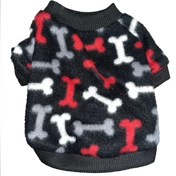 Puppy Fleece Sweater Black,Red & Gray Bone Pattern XS