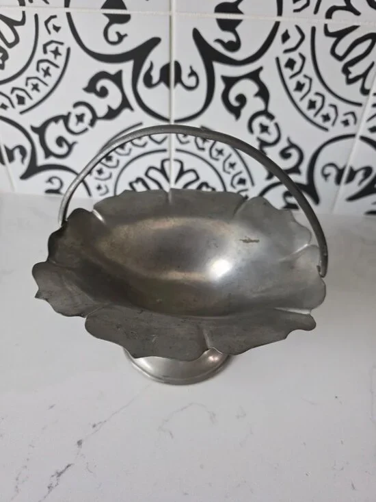 Vintage Silver Tone Pedestal Basket Scalloped Rim Swing Handle Footed Dish