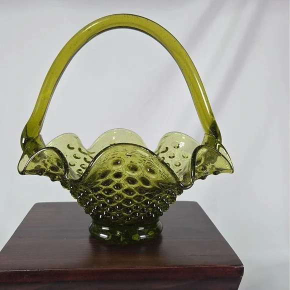 Vintage Fenton Hobnail Ruffle Glass Basket Green
