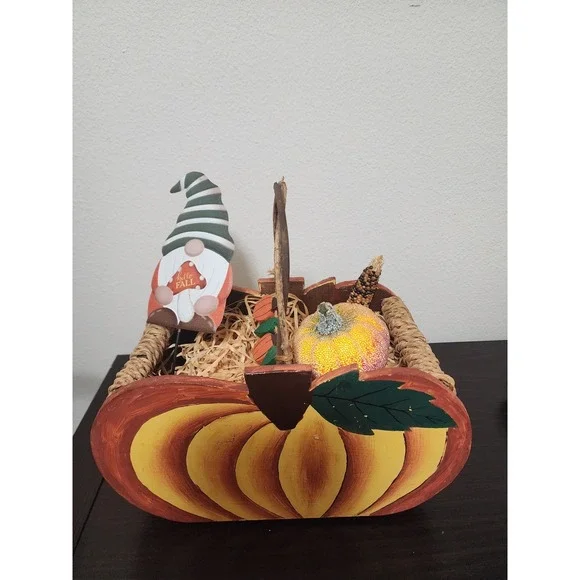 Rustic Wooden Pumpkin Basket Fall Decor with Gnome Stake and Faux Harvest Filler