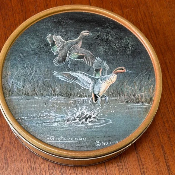 F. Gustaveson Vintage 1990 Flying Ducks Wildlife Round Metal Storage Tin Gold