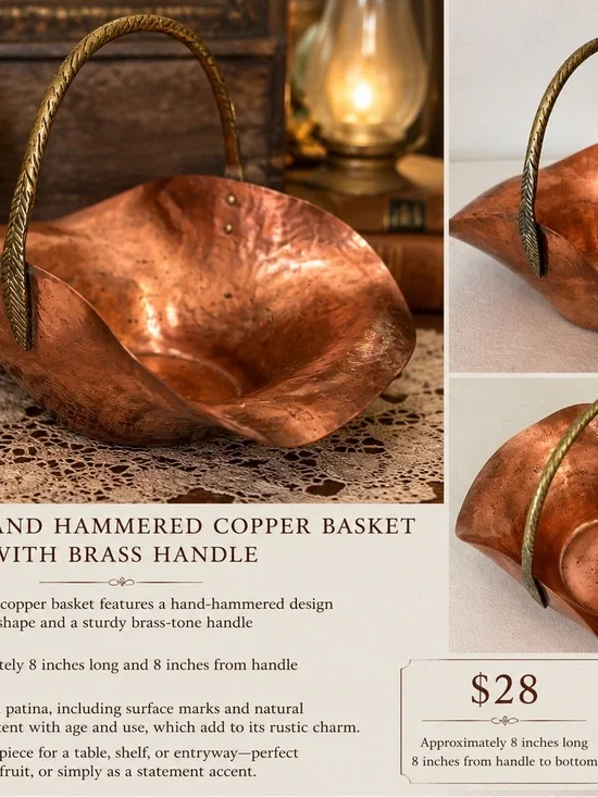 Vintage Hand Hammered Copper Basket. Brass Handle