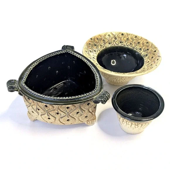 Burhans USA Studio Pottery 3 Piece Set Triangular Planter Bowl Drip Glaze