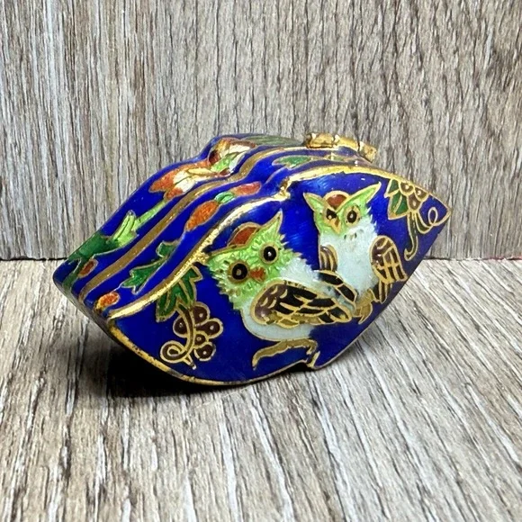 Vintage Cloisonné Enamel Blue Owl Mini Trinket Jar Pill Box 2