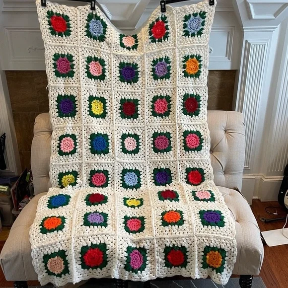 Handmade Crochet 3-D Flower Throw Blanket