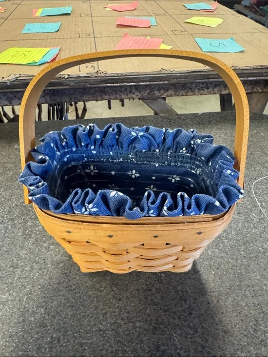 Longaberger Woven Wood Basket with Navy Blue Floral Liner and Plastic Liner