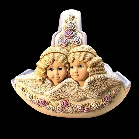 Vtg Ceramic Basket, Romantic Cherubs Angels, Purple Feminine Victorian Decor