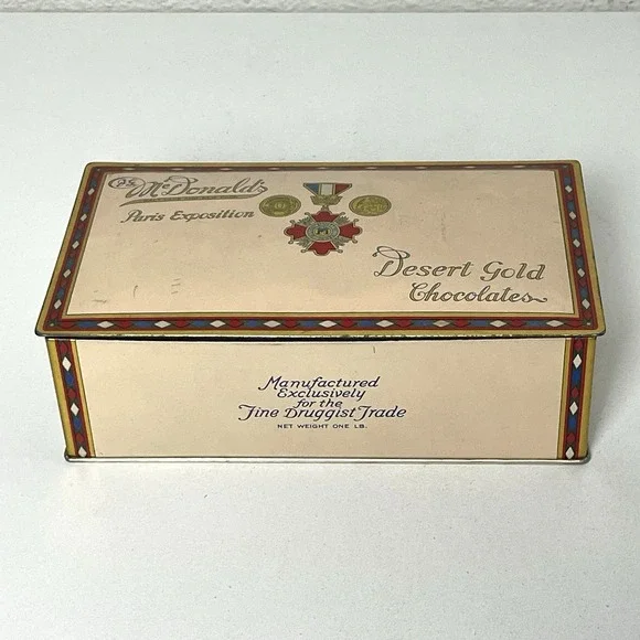 Vintage Chocolate Tin Box Hinged Lid J G McDonald's Paris Exposition Desert Gold